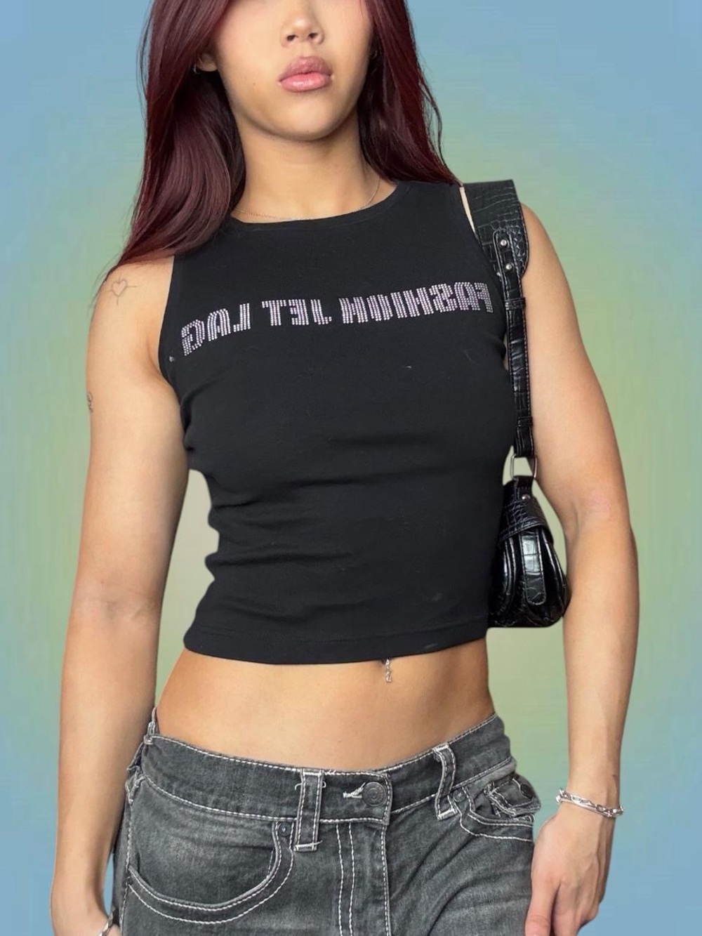 Esprit Black Sleeveless Cropped Tank with Rhinestone Text